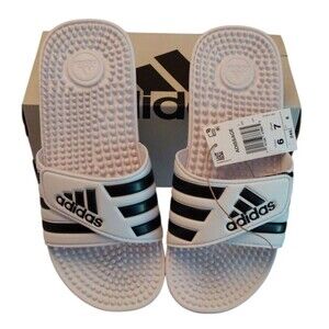 Adidas Mens 6 Womens  7 White Black Slides Sandals Hook Loop Top Closure NIB